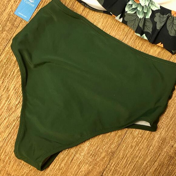 Cupshe Dark Green Floral One Shoulder Ruffle High Waisted Bikini Set Size Small - Picture 11 of 14